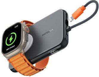 VEGER Mini Power Bank 5000 mAh - Compact Power Bank with Integrated Apple Cable, 2 Inputs & 3 Outputs, 20 W PD Fast Charge, Ideal for Apple Watch, iPhone & USB-C Smartphones (Black)
