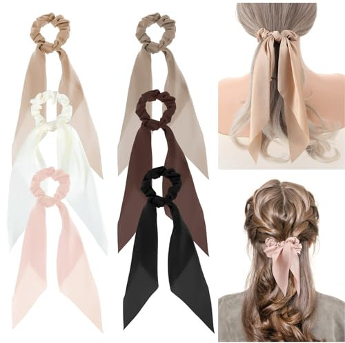 Ptwola 6 Stück Haargummis mit Schleife Einfarbige Haar Scrunchies Satin Haargummis Elastisch Langschleifenband Mode Pferdeschwanz Halter Accessoires für Mädchen Frauen Teenager Geburtstagsgeschenke