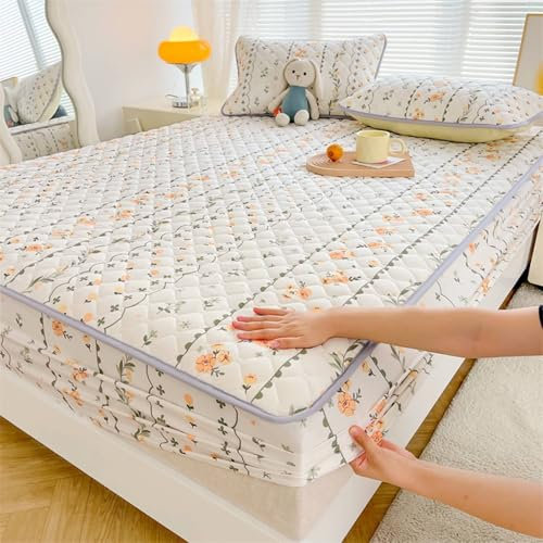 KnSam Betttuch mit 2er Kissenbezüge 200x220cm Set 3tlg Elastisch, Blumen Rebe Muster Spannbettlaken Gesteppt Gedruckt Bunt Matratzenschutz, Polyester Bett Laken Bezug für Boxspringbett