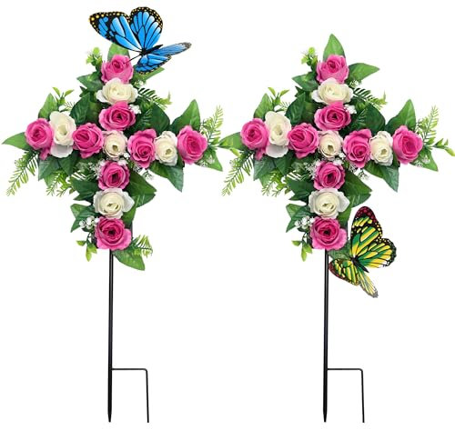 Künstliche Friedhofsblumen, 2 Stück, Kunstblumenkreuz, künstlicher Rosenstrauß, Dekoration für Friedhof, Grabsteine, Seidenblumen für langanhaltende Erinnerung (Rosa)