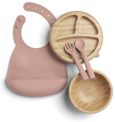 Mamas & Papas 4pc Bamboo Baby Weaning Starter Kit (6-18 Months) - Melba | Eco-Friendly Bamboo Dinnerware, Sustainable Baby Feeding Kit, Non-Slip Weaning Bowl, Ergonomic Baby Cutlery
