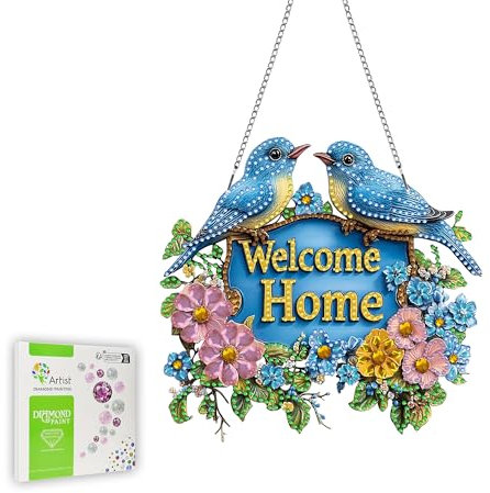 Ginfonr Diamond Painting Kits Hängeanhänger Tier Willkommensschild Haustür für Türdeko, Spezialform Strasssteine Blume Türkranz Sommer, Doppelseitige Hängedeko Fenster für Wanddeko (20x20 cm)