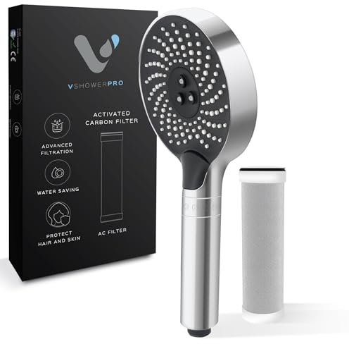 VShower Pro Duschkopf mit Filter – Wassersparender Duschkopf für hartes Wasser, entfernt Chlor, Kalk,enthärtet Wasser – Für zarte Haut & seidiges Haar – Hochdruck, Chrom, einfache Montage