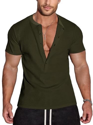 Agilelin Men's Waffle Henley 5 Buttons Stylish Short Sleeve T-Shirt Casual Slim Fit Muscle Shirts Thermal Underwear（Green/L）