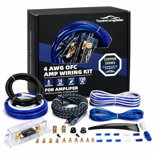 TOPSTRONGGEAR Kit amplificatore OFC da 4 gauge, kit di installazione per amplificatore audio per auto, con cavi RCA, fusibile 150 A, cavo di alimentazione da 4 m, kit di installazione completo per