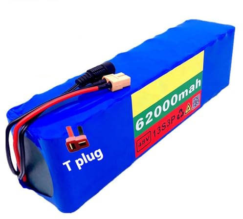 Batería de Iones de Litio para Bicicleta Eléctrica de 48V y 62Ah con Protección BMS y Cargador Compatible con Motores de 250W 350W 500W 800W y 1000W con Cargador 54.6V 2A T Plug,48V 62Ah