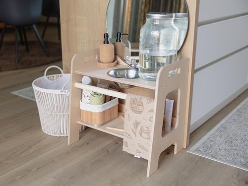 Montessori Waschstation für Kinder | Holz Waschbecken mit Edelstahlschüssel | Ohne Wasseranschluss für Innen- & Außenbereich (Naturholz (gewachst), Mit Einer Schüssel)