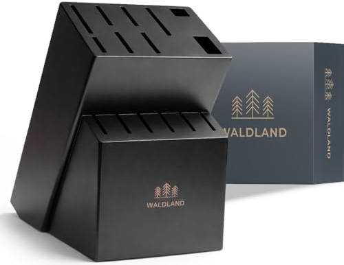 WALDLAND Premium Messerblock ohne Messer – Messerblock aus robustem Akazienholz I 15 Schlitze für Messer, Wetzstahl, Schere I Messerhalter I Holzblock (Akazienholz Schwarz)