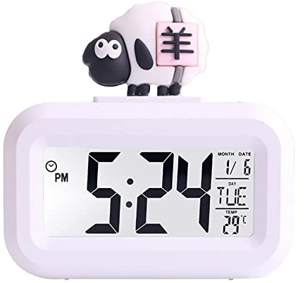 LUCKDANO Niedlicher Elektronischer LED-Wecker mit Cartoon-Motiv – Multifunktionale Uhr mit Kalender, Temperaturanzeige, Klarem Bildschirm für Kinderzimmer – Batteriebetrieben (weißes Schaf)