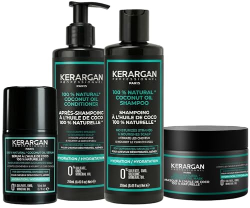 KERARGAN - Kokosöl 4er Haarpflege-Set Feuchtigkeit - 3x250ml+50ml | Shampoo, Conditioner, Haarmaske und Haarserum, komplette Pflege für Feuchtigkeit, Glanz und weniger Frizz