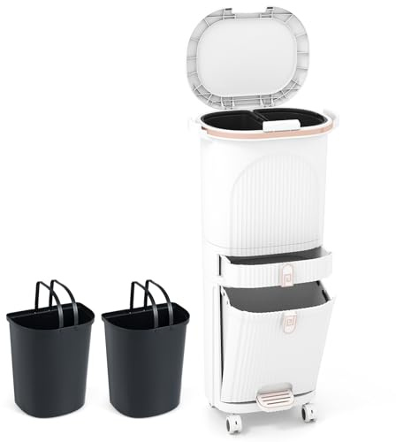 COSTWAY 42 L(12+12+14+4 L) Pattumiera Differenziata, Secchio Spazzatura a 3 Scomparti con Cassetto e Coperchi, 2 Secchi Rimovibili Pedale e Ruote, Bidoni Differenziata per Bagno Cucina Ufficio