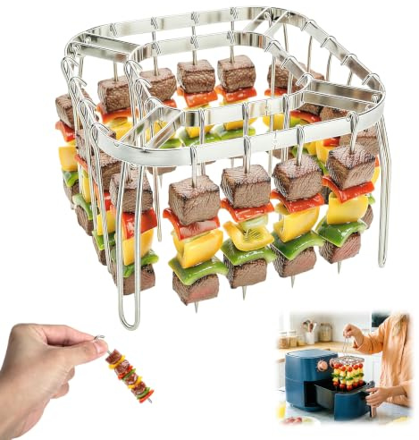 Support à Brochettes Carré pour Friteuse Sans Huile avec 28 Pics, Inox 304 | Grille Carrée en Inox 304 Avec 28 Pics à Brochettes, Encoches en U et Pince de Retrait