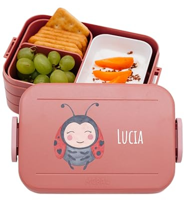 wunderwunsch MEPAL Brotdose Spülmaschinenfest Kinder, Lunchbox mit Einsatz für perfekte Ordnung, Spülmaschine, Mikrowellengeeignet, personalisiert mit niedlichem Motiv (Marienkäfer, rosa)