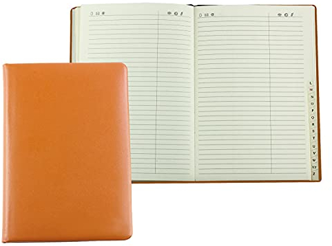 DELMON VARONE - Personalisierbares Adressbuch DIN A5 gebunden mit A-Z Register in Boxcalf Premium Leder braun - Telefonbuch mit leicht wattiertem Hardcover Einband und alphabetischem Telefonregister