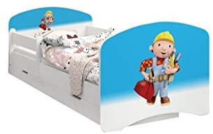 Happy Babies - Doppelseitiges Kinderbett MIT SCHUBLADE Modernes Design mit sicheren Kanten und Absturzsicherung Schaumstoffmatratze 7 cm. (140x70, 24. Bob der Baumeister)