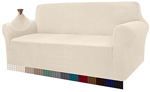 Granbest Hohe Stretch Sofabezüge 3 Sitzer Super Weich Stilvolle Couchbezüge für Hunde Haustiere Katzen Jacquard Spandex Rutschfester Sofabezug für Wohnzimmer Möbelschutz (3 Sitzer, Beige)