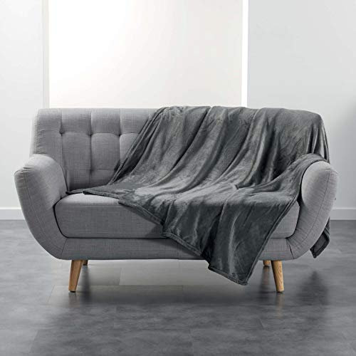 Douceur d'Intérieur, Plaid Doux (180 x 220 cm) Flanou Gris, Flanelle Unie