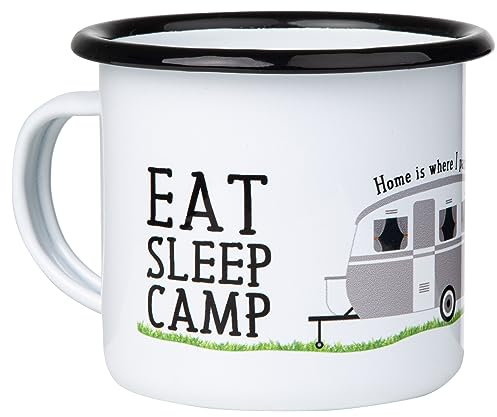 MUGSY Emaille Tasse, Eat Sleep Camp Spruch & Wohnwagen-Motiv, 300ml, bruchfest & leicht