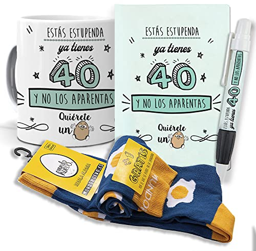 mundohuevo Super Regalo Personalizado para 40 cumpleaños Mujer. Ya Tienes 40 y no los aparentas. Taza, libreta, boli y Trio de Calcetines