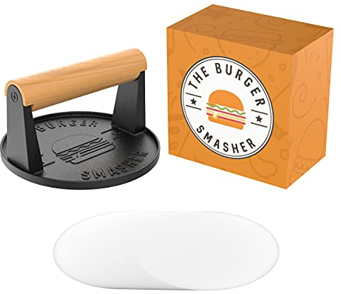 The Burger Smasher™ Pre Seasoned Heavy Duty Cast Iron Burger Press - Smash Burger Press Kit, Grill Press for Smash Burgers,Cooking Weight Press, Food Press, Meat Smasher