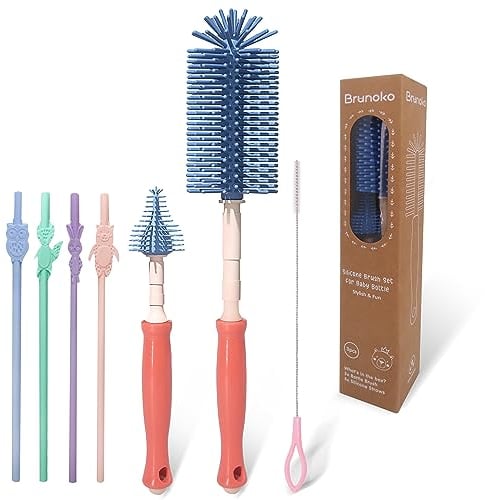 BRUNOKO Flaschenbürste Silikon für Babyflaschen | Flaschen-Reinigungsbürsten Set für Schnuller und Babyflaschen | 3 Stück Babyflaschenbürste + wiederverwendbare Strohhalme | Spülmaschinenfest
