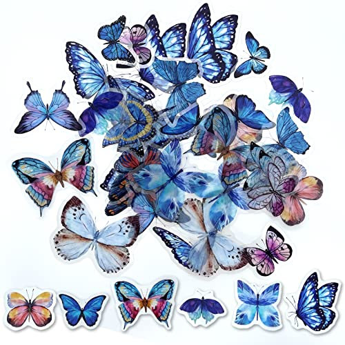 ExceLife Retro Butterfly Stickers Set, Self-Adhesive PET Transparent Waterproof Butterflies Stickers for Scrapbooking, Journal, Album, Phone Case, Laptop, Card Making, 40Pcs (Butterfly Blue)