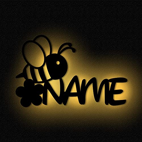 Biene Lampe Kinderzimmer Wandlampe Nachtlicht Holz Led Licht mit Namen - Geschenke personalisiert I Batteriebetrieb