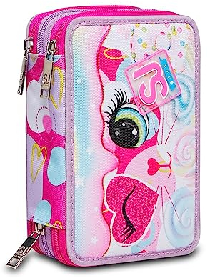 SJ GANG, Astuccio Scuola 3 Zip HEART LOLLY, Rosa - Attrezzato con Matite, Pennarelli e altro, Portapenne Bambino