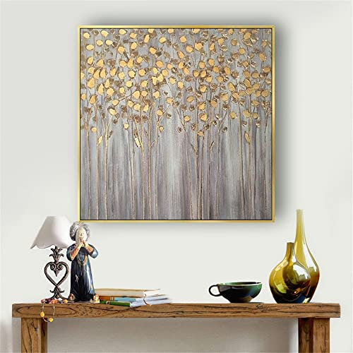Ölbilder Auf Leinwand Handgemalt,Moderne Abstrakte Kunst Acrylmalerei 100% Handgemaltes Goldenes Holz Kunstwerk Extra Große Wandkunst Rahmenlose Coole Gemälde Wohnkultur Für Wohnzimmer,50X50Cm(20