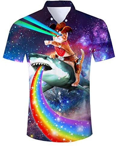 RAISEVERN Galaxie Hemden Herren Männer 3D Druck Katze Hai Lustige Hässliche Hawaii Jungen Freizeithemden Jugendliche Bad Taste Party Geschenk, M