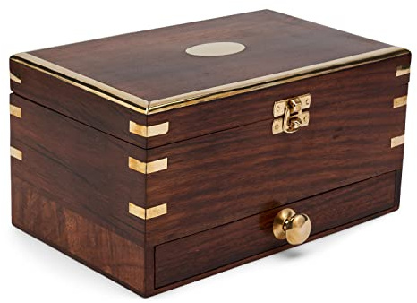 NKlaus Schmuckschatulle aus Holz und Messing, 22x14x12cm, Spiegel im Deckel | Maritim und dekorativ, Gewicht: 1,5kg, Breite: 22,5cm