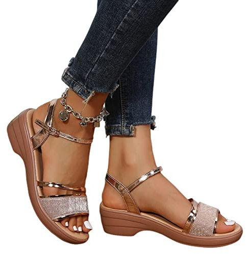 COTCLO Sandales d'été compensées de grande taille pour femmes, sandales à talons dorés, sandales d'été pour femmes, sandales pour femmes, sandales pour femmes, sandales-doré, 37