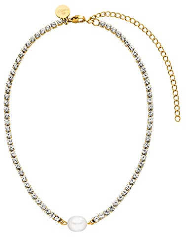 Purelei® Shimmering Pearl Kette (Gold), Wasserfester Choker für Frauen mit Steinen und Perle, Halskette für Damen aus Edelstahl, Geschenk für Frauen, 30-40 cm Länge verstellbar