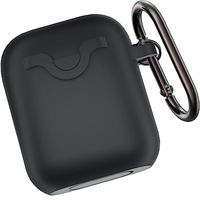 Kompatibel mit AirPods 1 & 2 Hülle, stoßfeste Schutzhülle aus Silikon für AirPods 1. und 2. Generation, Front-LED sichtbar, mit Karabiner, Schwarz