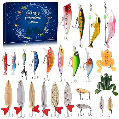 VTYEPOU Adventskalender Angel Männer Weihnachtskalender - 24 Angeln Köder Set Adventskalender für Fischer Erwachsene Teenager Jungen - 2024 Weihnachten Überraschung Geschenk