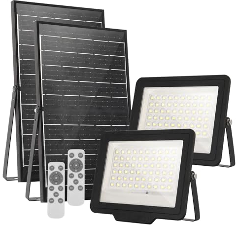 wisdom line Faretto led esterno con pannello solare,200W,luce bianca 6500k.Super luminosa faro con pannello solare.Grado di Protezione IP66, Faretto solare con telecomando è funzione timer,2 Pezzi