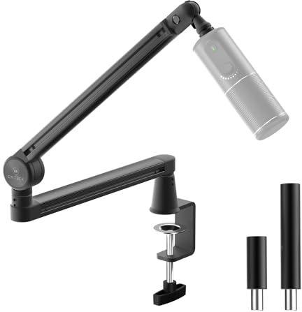 CMTECK Mikrofon Galgenarm, Low Profile 360° verstellbarer Stick Mikrofon Arm Ständer mit Tischhalterung Klemme, 15.0 cm Extended Riser, Schraubadapter, Kabelmanagement, für Podcast Streaming Gaming