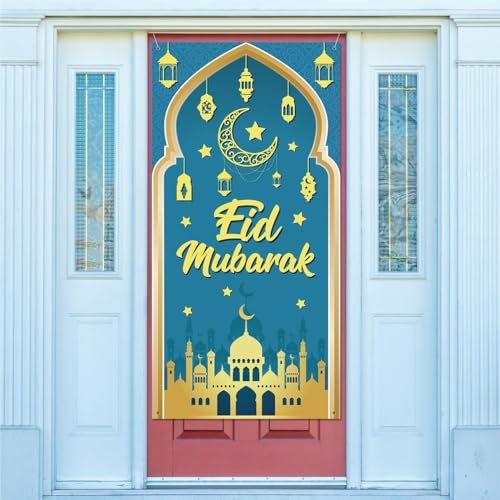 HAKOTOM Eid Mubarak Türabdeckung Dekoration Ramadan Mubarak Tür Abdeckung Ramadan Hintergrund Banner Blau Hängend Tür Banner für Türabdeckung Muslim Ramadan Party Haustür Deko 180x90cm