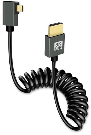 GELRHONR Coiled Micro HDMI to HDMI Cable Short, 8K@60Hz Micro HDMI Cable Male to Male Spring Flexible Slim Cord 48Gbps High Speed Support 3D, for Camera Video Capture Card,TV (Left Angle)