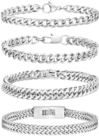 Esmoly Armband Herren - 4 Stücke Silber Gold Schwarz Edelstahl Kubanische Armbänder 19cm/21cm/23cm Länge Abschluss Geburtstags Geschenke für Männer (Silber 23cm)