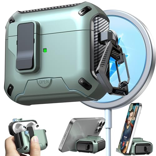 RFUNGUANGO Custodia compatibile con AirPods 3, compatibile con ricarica MagSafe, pop-up automatico con clip di blocco di sicurezza,Custodia verde mela Black-Switch