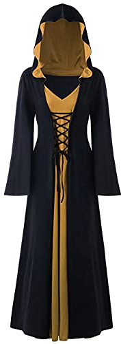Kleid Damen Gothic Kleidung mit Kapuze Schnürkleid Renaissance Mittelalter Kostüme Schwarz Hexenkleid Halloween Fasching Karneval Kostüm Lange Ärmel Partykleider Rockabilly Kleider