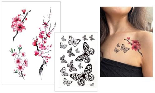 2 feuilles de tatouage temporaire japonais en fleurs de cerisier - Tatouage papillon - Tatouage japonais - Faux tatouage HB744X Cp03