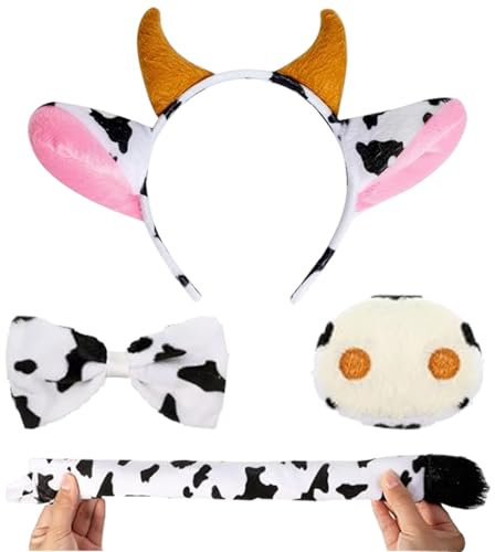 4 Stück Kuh Kostüm Set Ohren Hörner Stirnband Kuh Nase Fliege und Schwanz Kuh Kleid Kostüm Set, Cosplay Kostüm Stirnband Haarschmuck für Damen Mädchen Herren Party Dekoration