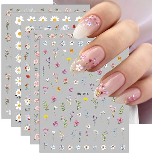 JMEOWIO 9 Sheets Flower Nail Art Stickers Decals Self-Adhesive Spring Summer Floral Nail Supplies Nail Art Design Decoration Accessories