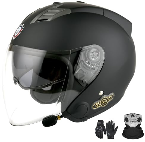 GNIUBBDB Casco Jet Bluetooth Integrato Per Moto E Scooter - Certificazione ECE, Doppia Visiera, Per Uomo E Donna, B, M (57-58cm)