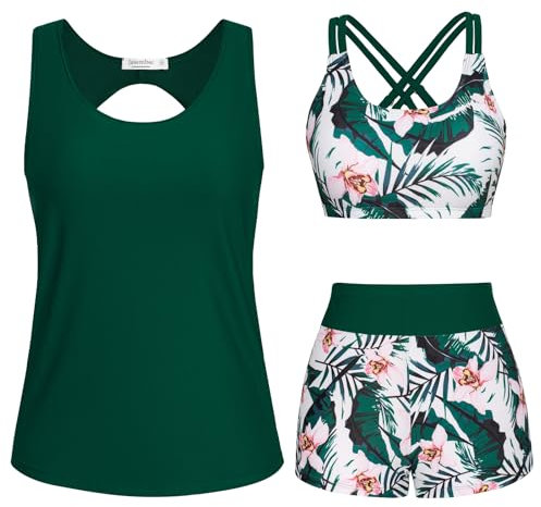 JASAMBAC 3-Teiliger Badeanzüge für Mädchen Tankini Damen Bauchweg, Push-Up-Bikinioberteil Und High Waist Badeshorts, Einfache Badebekleidung, Sport-Bikini Badeanzug, Bademode für Schwimmbad, Strand