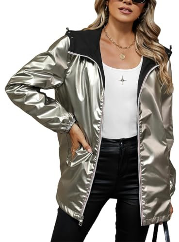 Giolshon Manteau léger coupe-vent pour femme, veste zippée à manches longues, imperméable d'extérieur avec capuche K501 Argenté S