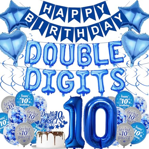 10th Birthday Decorations Balloons Boys - 53 Pcs Blue Banner Double Digits | Number 10 Balloon Star Heart Hanging Swirls Cake Toppers Decoration Supplies for 10 Years Old Boy Birthday Party