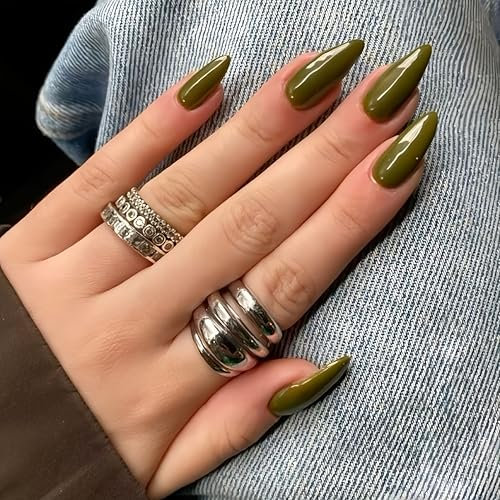 KQueenest Soft Gel Press on Nails Almond Medium, Olive Green False Nails Almond, Glossy Solid Sage Green Stiletto Fake Nails Set, Natural Reusable Stick on Nail for Women Finger Daily Wear 24 Pcs